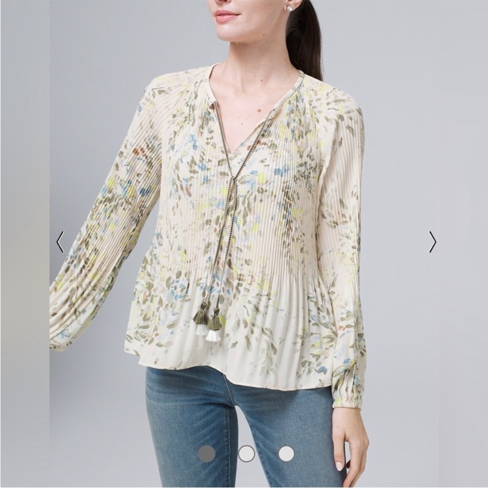 EUC White House Black Market Floral Pleated Tassel Blouse Tunic